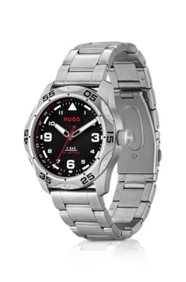 Black-dial watch with stainless-steel link bracelet, Silver