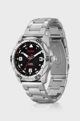 Black-dial watch with stainless-steel link bracelet, Silver