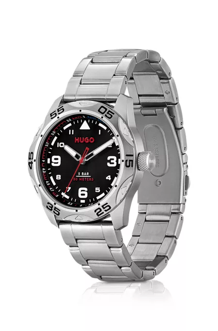 Black-dial watch with stainless-steel link bracelet