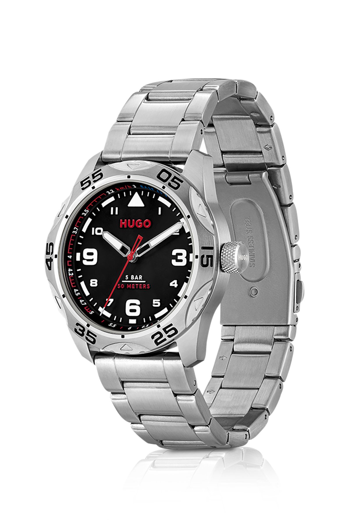 Black-dial watch with stainless-steel link bracelet, Silver