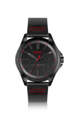 Black-dial watch with leather strap and logo details, Black