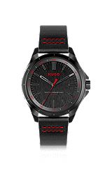 Black-dial watch with leather strap and logo details, Black