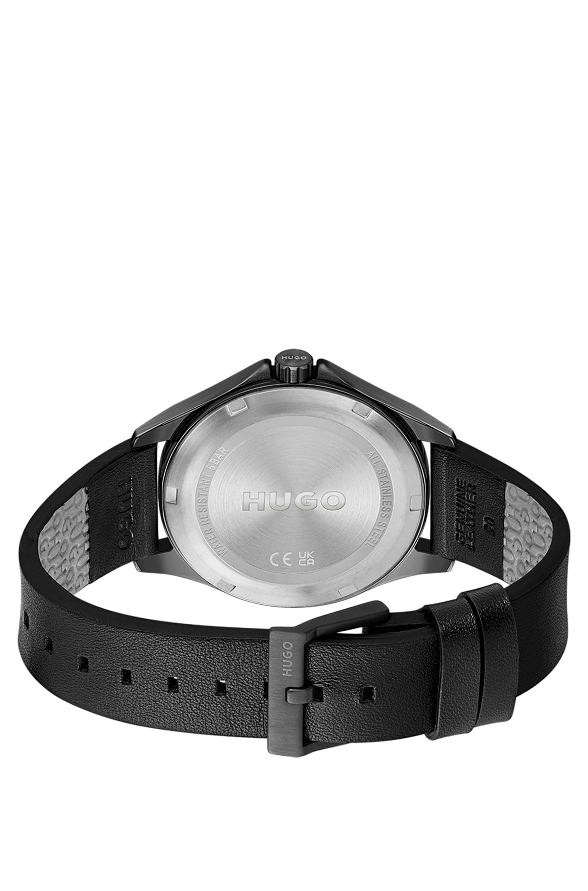Black-dial watch with leather strap and logo details, Black