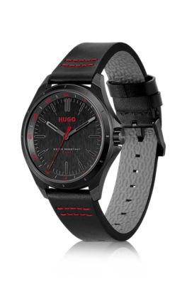 Black-dial watch with leather strap and logo details, Black