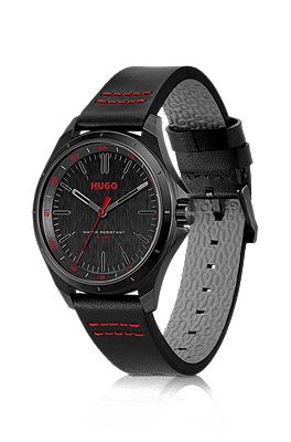 HUGO Black dial watch with leather strap and logo details