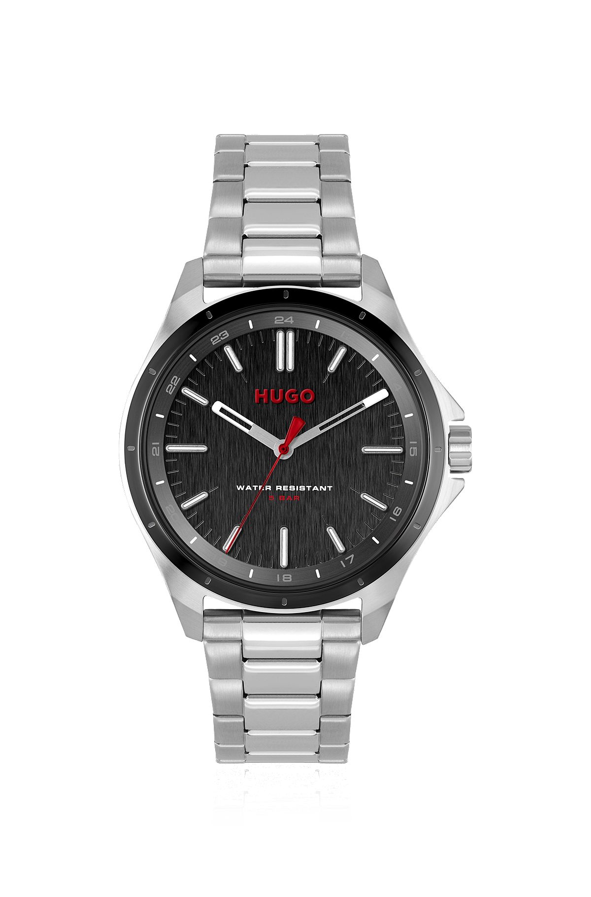 Black-dial watch with stainless-steel link bracelet, Silver