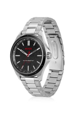 Orologio con quadrante nero e bracciale a maglie in acciaio, Argento