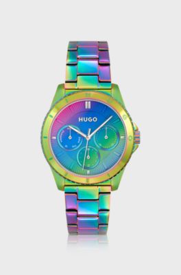 Uhr aus regenbogenfarbenem Edelstahl mit Gliederarmband, mehrfarbig