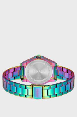 Uhr aus regenbogenfarbenem Edelstahl mit Gliederarmband, mehrfarbig