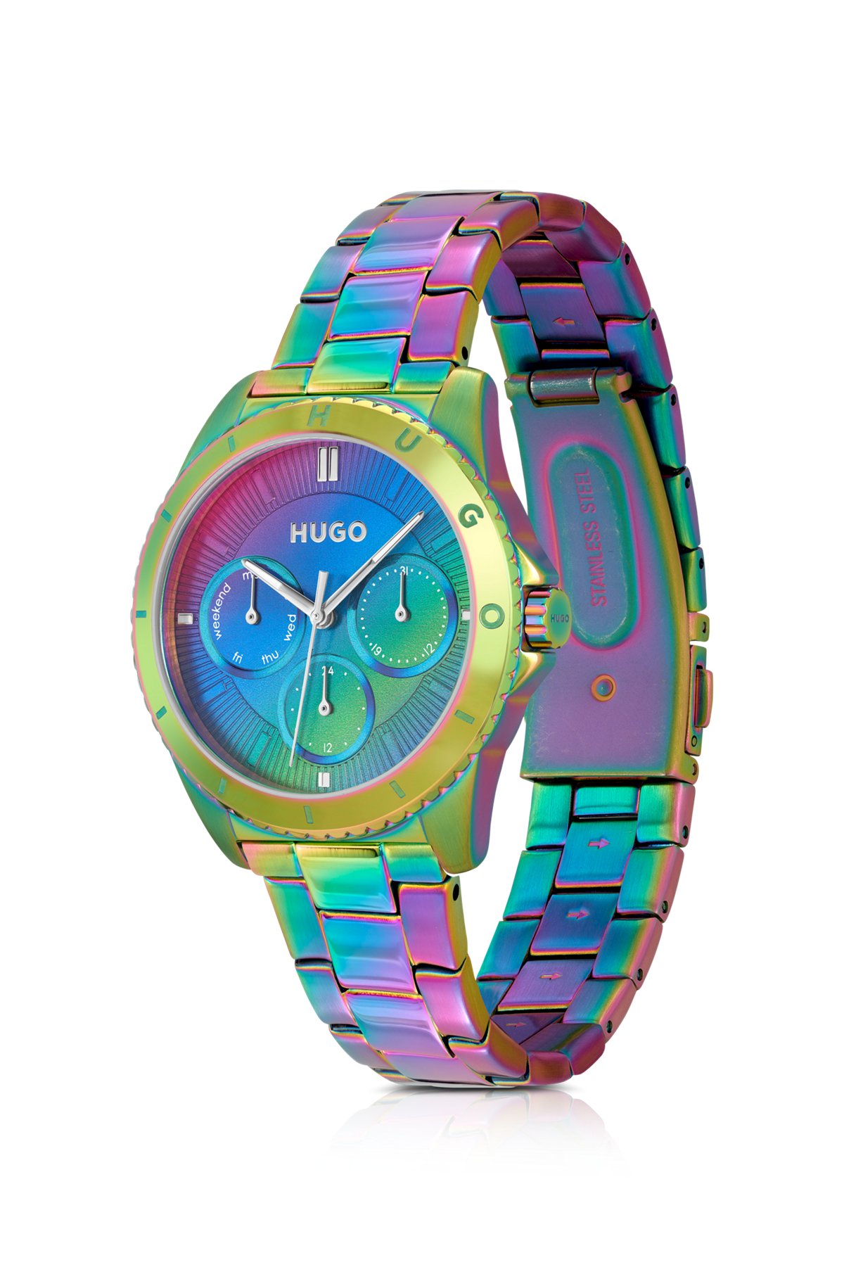 Link-bracelet watch in rainbow-coloured steel, Gold