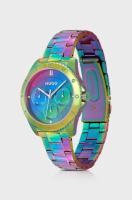 Uhr aus regenbogenfarbenem Edelstahl mit Gliederarmband, mehrfarbig