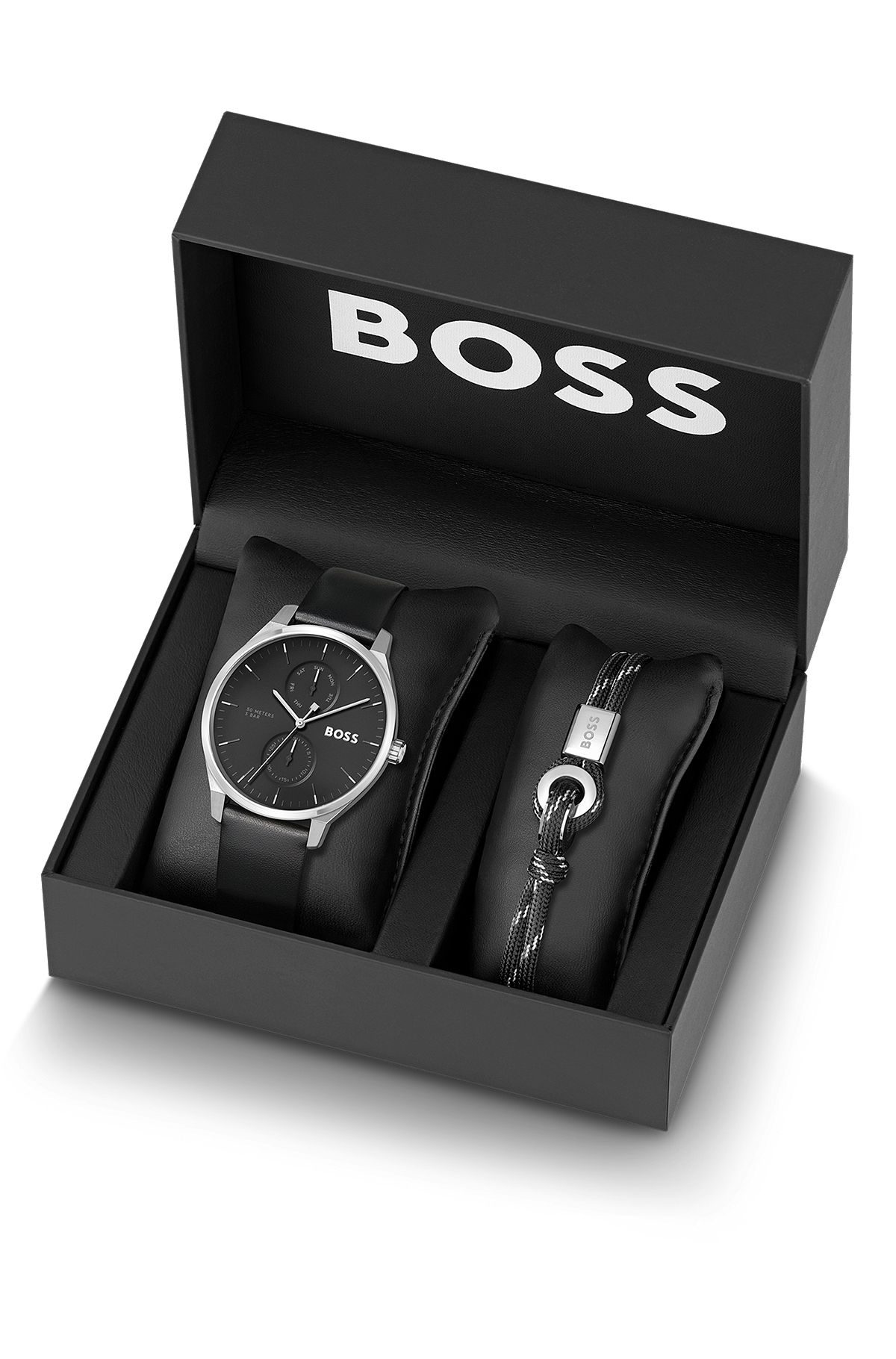 Gift-boxed black-dial watch and cord cuff set, Black