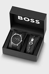 Gift-boxed black-dial watch and cord cuff set, Black