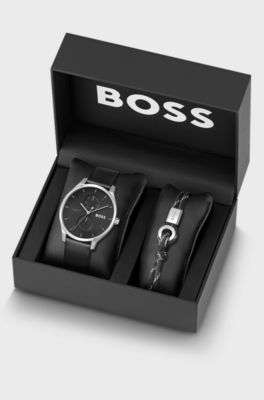 Gift-boxed black-dial watch and cord cuff set, Black
