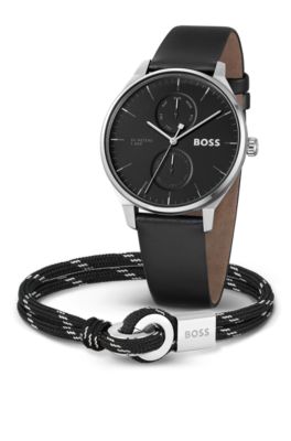 Gift-boxed black-dial watch and cord cuff set, Black