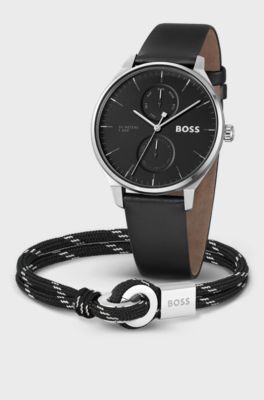 Gift-boxed black-dial watch and cord cuff set, Black