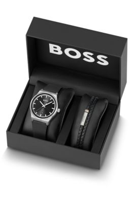 BOSS - Gift-boxed black-dial watch and braided-leather cuff