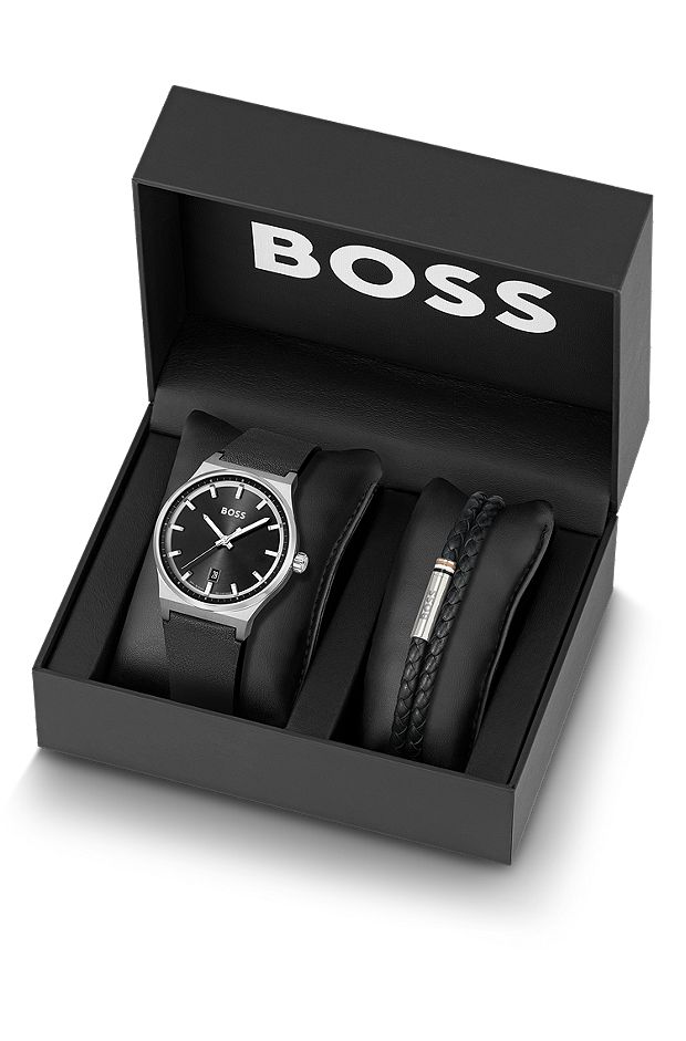 Uhr mit schwarzem Zifferblatt und geflochtenes Lederarmband in der Geschenkbox, Schwarz