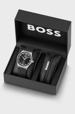 Gift-boxed black-dial watch and braided-leather cuff, Black