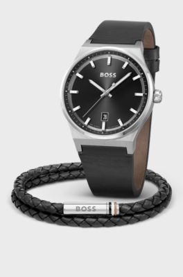 Gift-boxed black-dial watch and braided-leather cuff, Black
