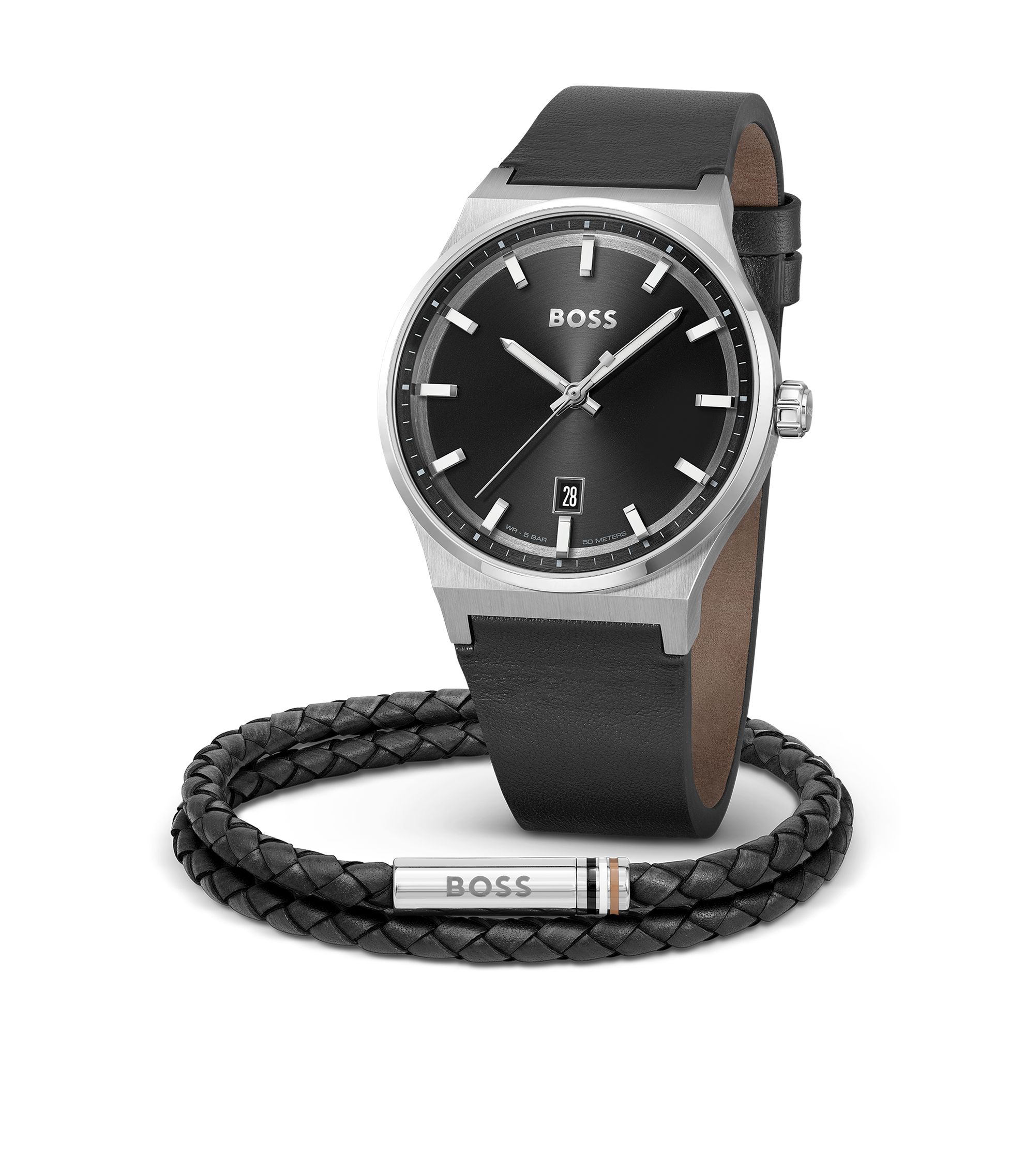 BOSS - Gift-boxed black-dial watch and braided-leather cuff - Black