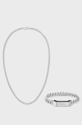 Gift-boxed necklace and cuff, Silver tone