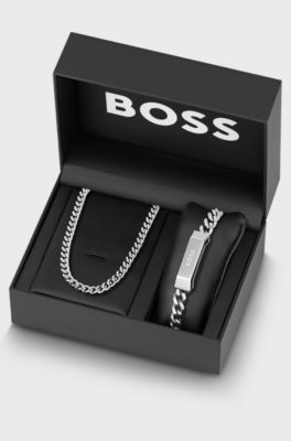 Gift-boxed necklace and cuff, Silver tone