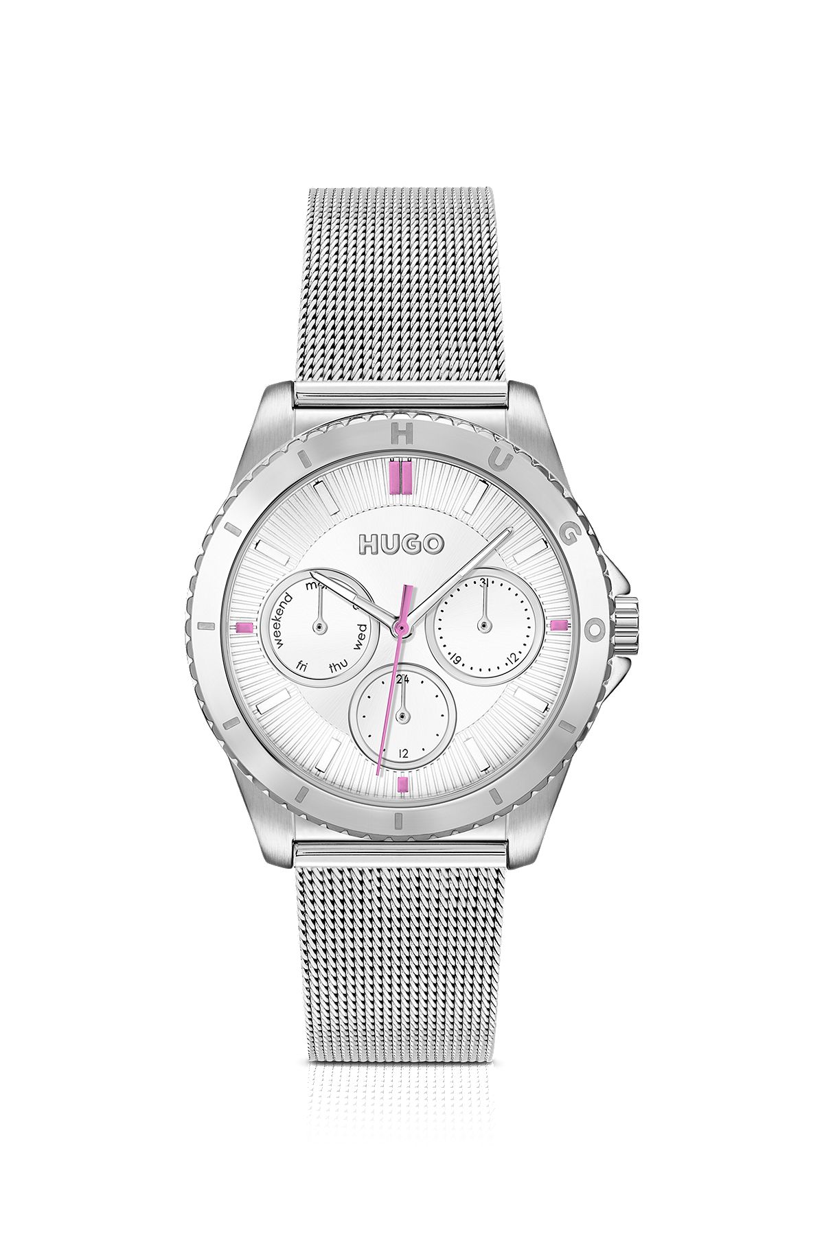 Uhr aus silberfarbenem Edelstahl mit Mesh-Armband und Logo, Silber