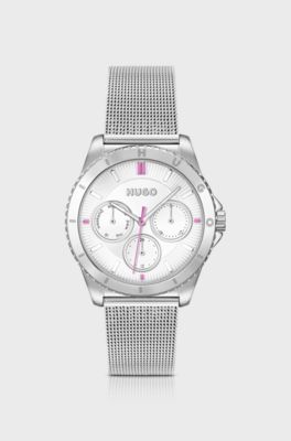 Mesh-bracelet watch in silver-tone steel with branding, Silver