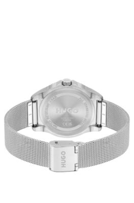 Mesh-bracelet watch in silver-tone steel with branding, Silver