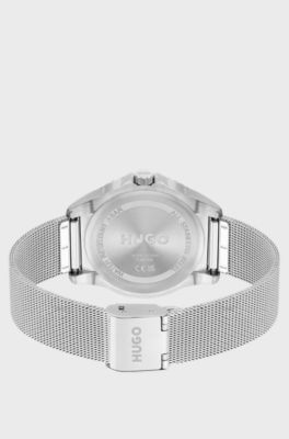 Mesh-bracelet watch in silver-tone steel with branding, Silver