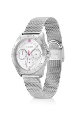 Mesh-bracelet watch in silver-tone steel with branding, Silver