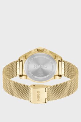 Orologio in acciaio color oro giallo con bracciale maglia mesh, Oro