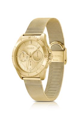 Montre en acier dor&eacute; jaune avec bracelet en maille milanaise, Or