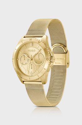 Orologio in acciaio color oro giallo con bracciale maglia mesh, Oro