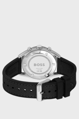 Black-dial chronograph watch with silicone-fabric strap, Black