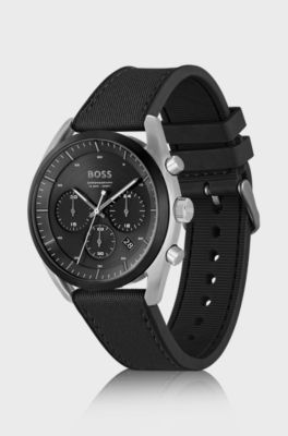 Black-dial chronograph watch with silicone-fabric strap, Black