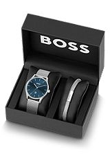 Gift-boxed watch and cuff in stainless steel, Silver