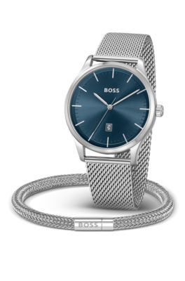 Gift-boxed watch and cuff in stainless steel, Silver