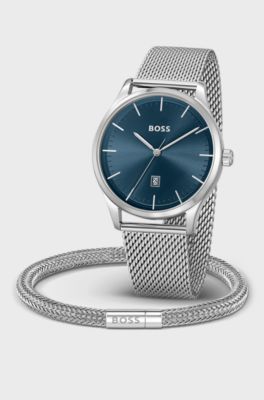 Gift-boxed watch and cuff in stainless steel, Silver