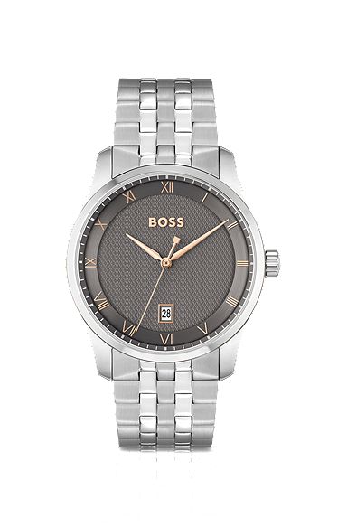 Link-bracelet watch with grey patterned dial, Silver