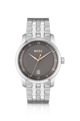 Montre avec cadran gris à motif et bracelet à maillons
