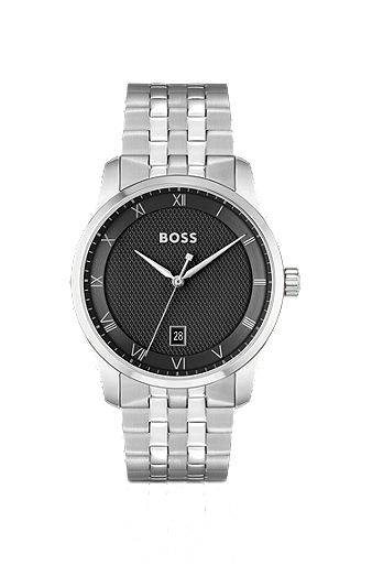 Uhr mit schwarz gemustertem Zifferblatt und Gliederarmband, Silber