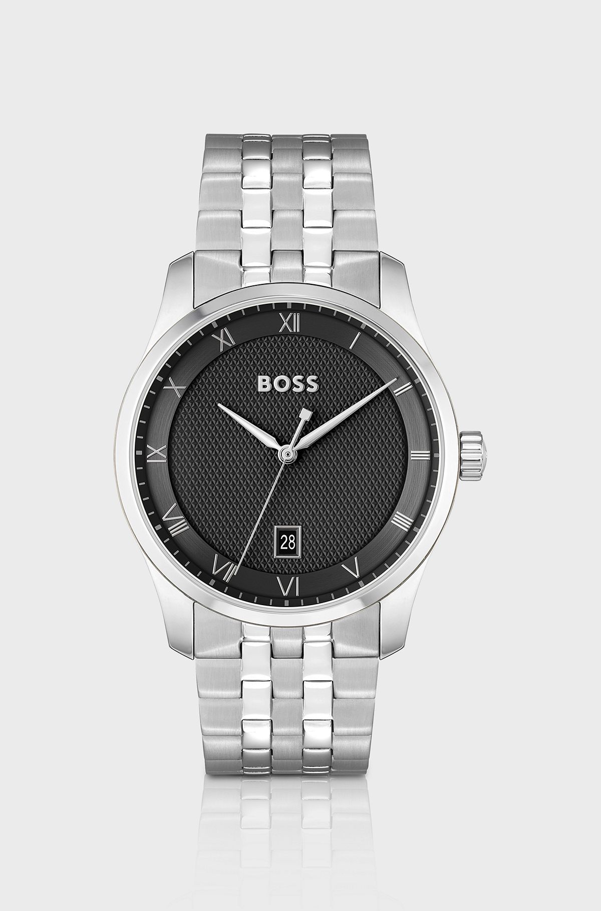 Multi-link-bracelet watch with black patterned dial, Silver
