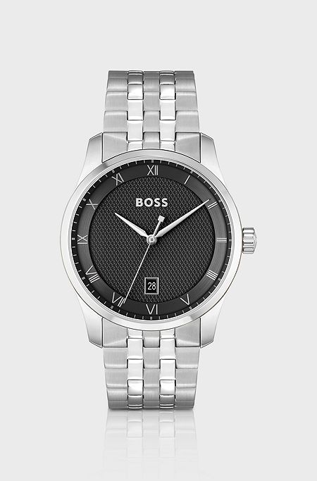 Multi-link-bracelet watch with black patterned dial, Silver