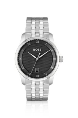 Montre avec cadran noir à motif et bracelet à maillons
