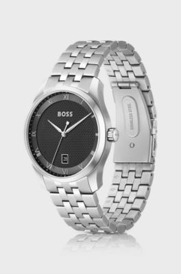 Principle Multi-link-bracelet watch with black patterned dial, Silver