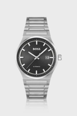 Link-bracelet automatic watch with groove-textured dial, Silver