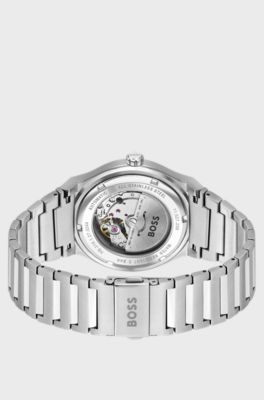 Link-bracelet automatic watch with groove-textured dial, Silver
