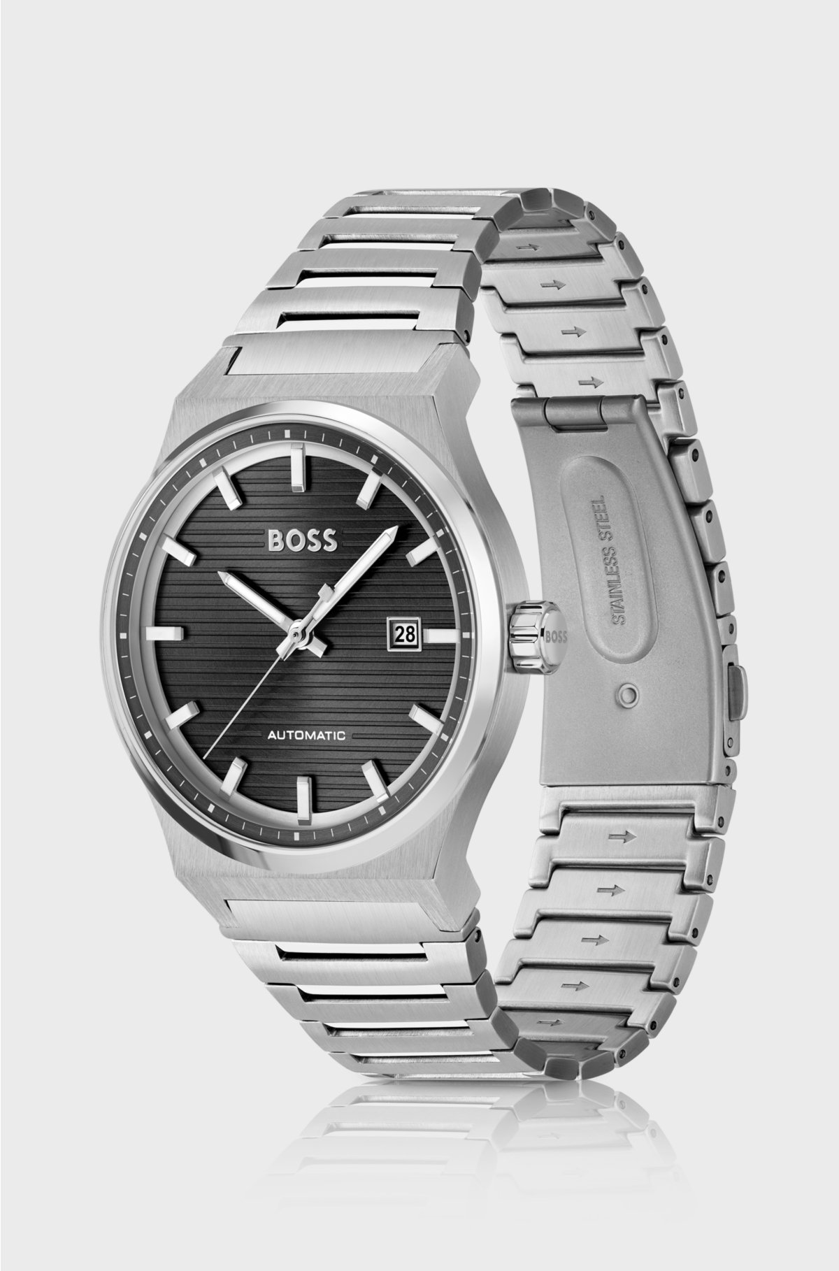 Link-bracelet automatic watch with groove-textured dial, Silver